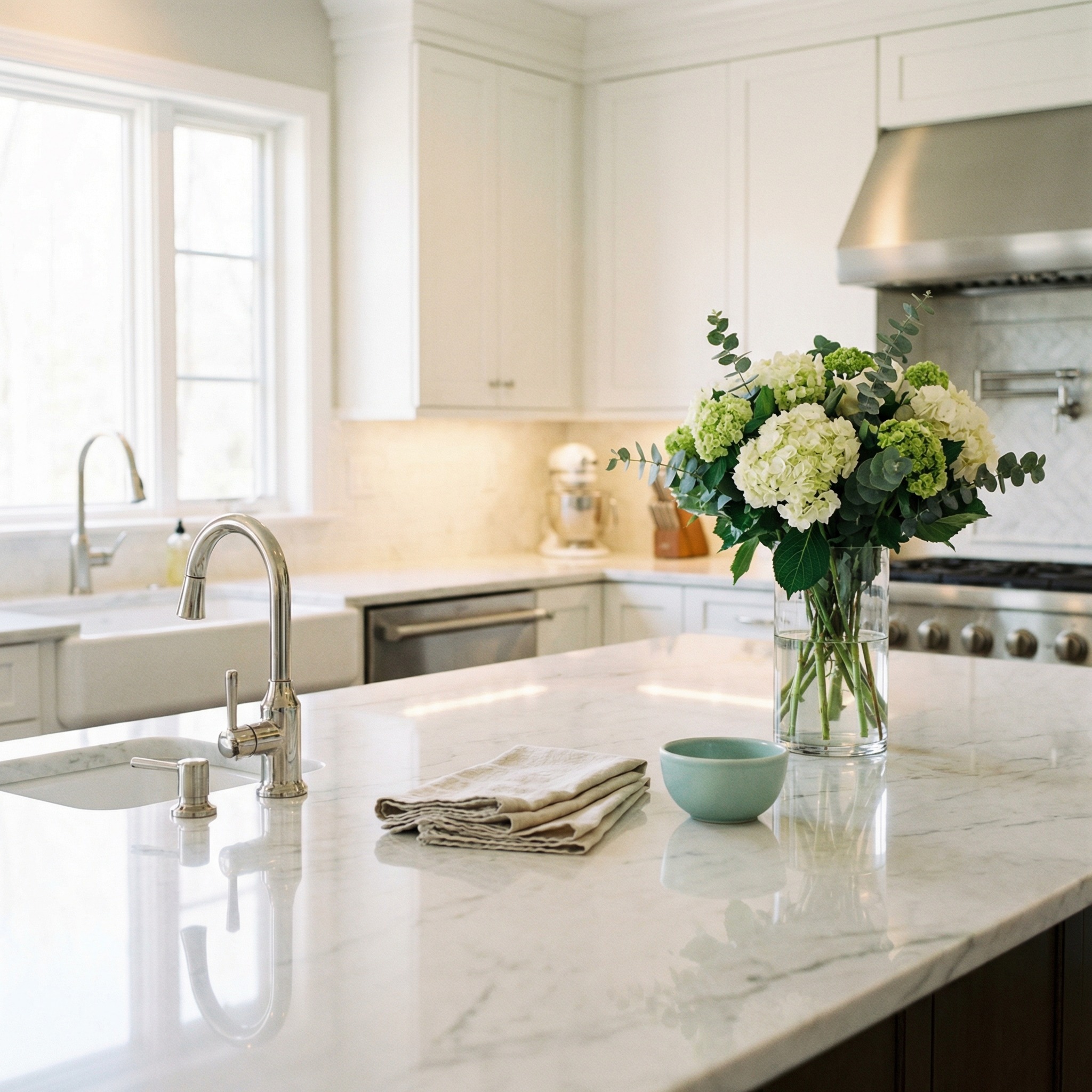 Pristine modern kitchen with gleaming marble countertops and fresh flowers